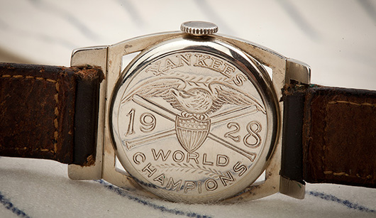 The engraving on the back of the watch declares the New York Yankees champions of the 1928 World Series. Lou Gehrig hit four home runs and batted .545 in the four-game sweep of the St. Louis Cardinals in the Series. SCP Auctions image.